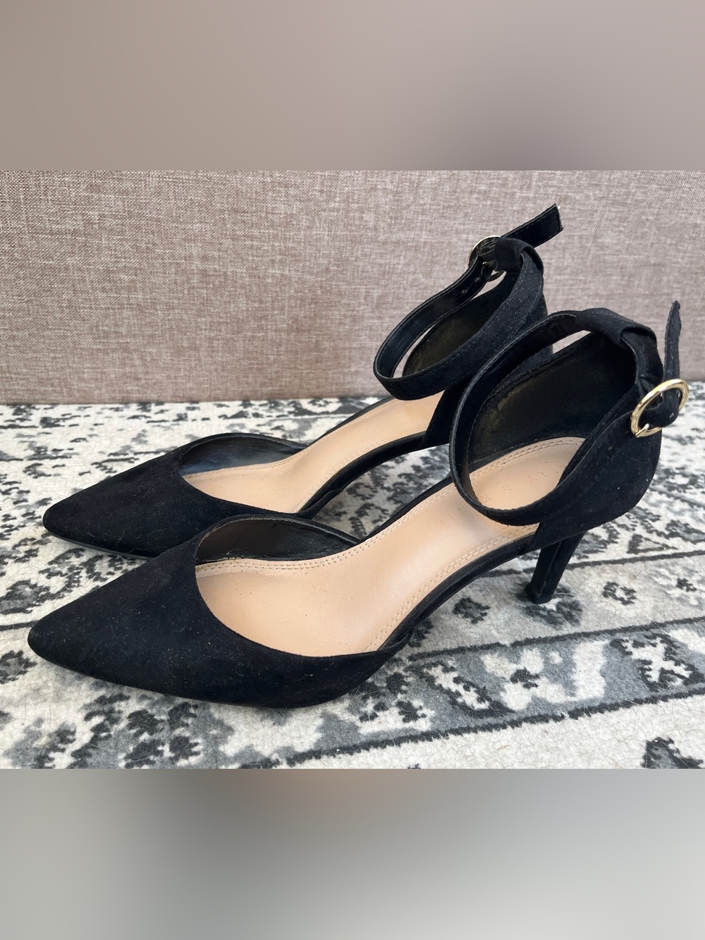 Kelly & Katie Lainey black faux suede ankle strap d’orsay pumps